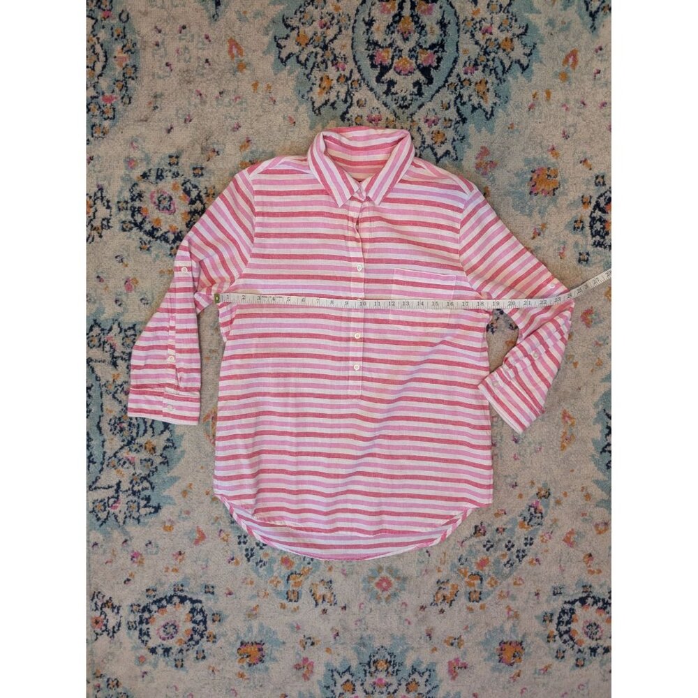 Gap Pink and White Striped Linen Cotton Blend Popover Top w/ Roll Tab Sleeves: S - Picture 7 of 11